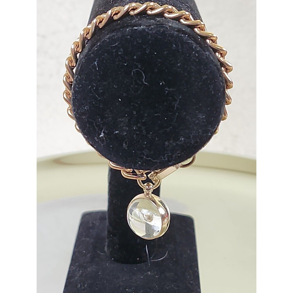 Vintage Unsigned Gold Colored Links Chunky Bracelet with Clear Dangling Marble